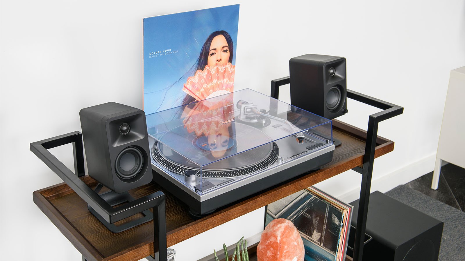  Passive bookshelf speakers connected to a hi-fi amplifier for a traditional stereo system.
