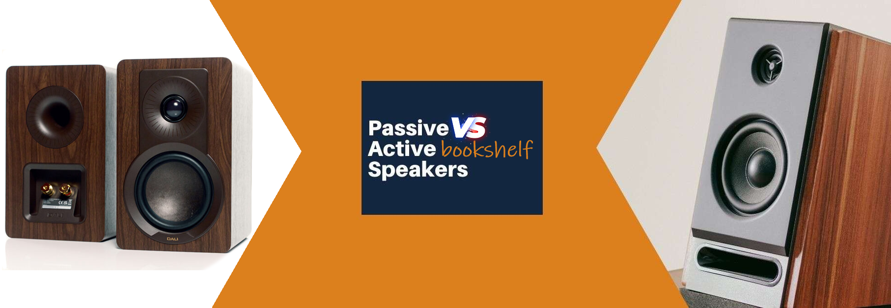 Passive vs active bookshelf speakers comparison showing two different speaker types side by side