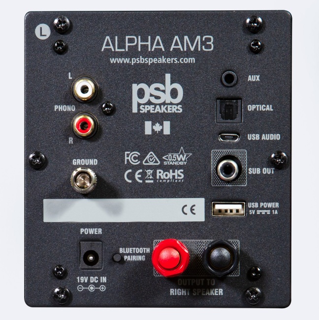 Back panel of active bookshelf speaker with RCA, optical, AUX, USB audio, and subwoofer output connections
