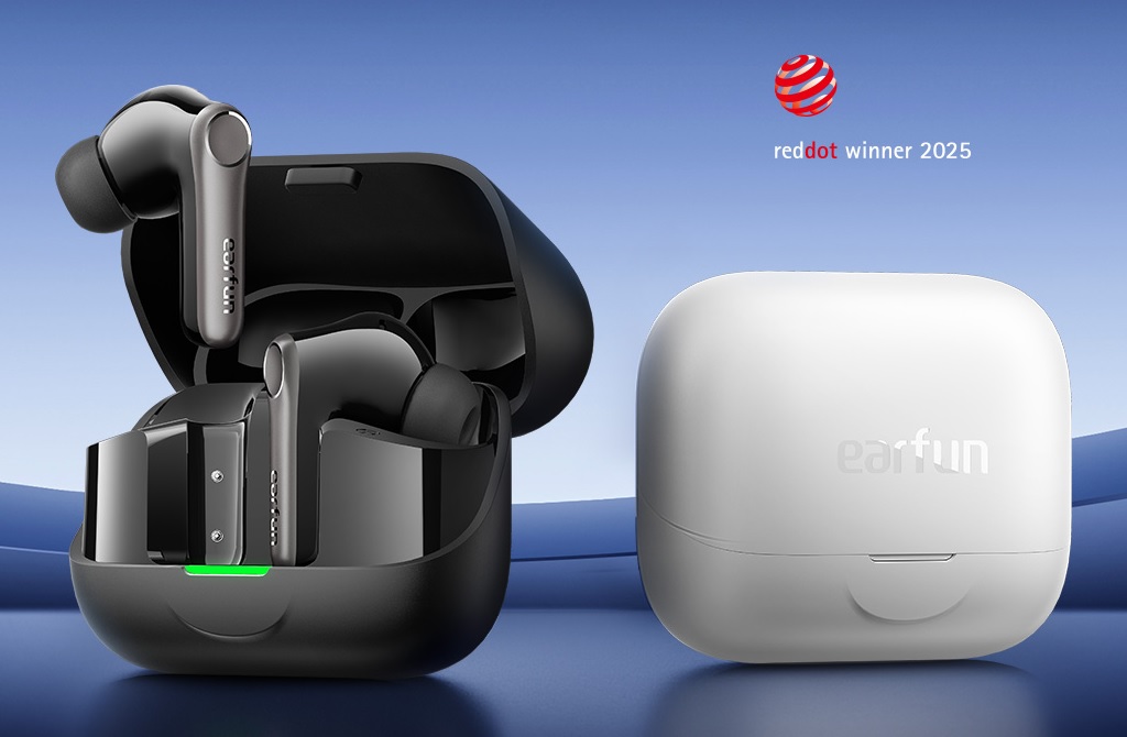 EarFun wireless earbuds with open charging case.