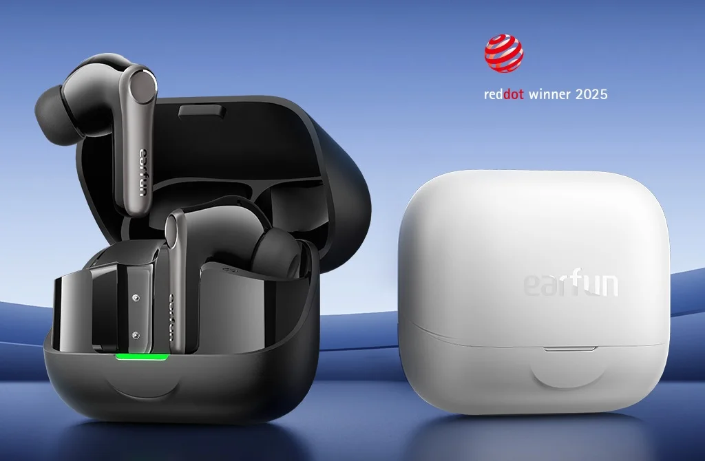EarFun wireless earbuds with open charging case.