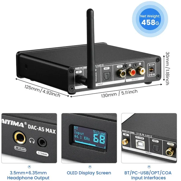 AIYIMA DAC-A5 MAX Wireless Bluetooth Desktop Headphone Amplifier, USB DAC & Preamplifier
