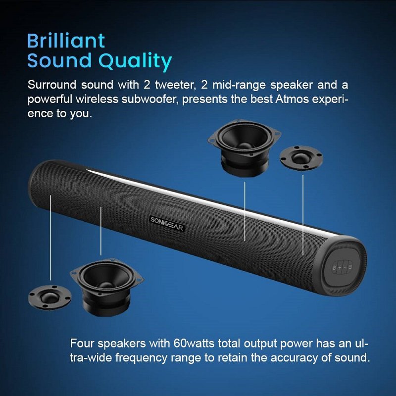 SonicGear StudioBar 600HD AirBass 2.1.2 Wireless Bluetooth Soundbar with 5.25