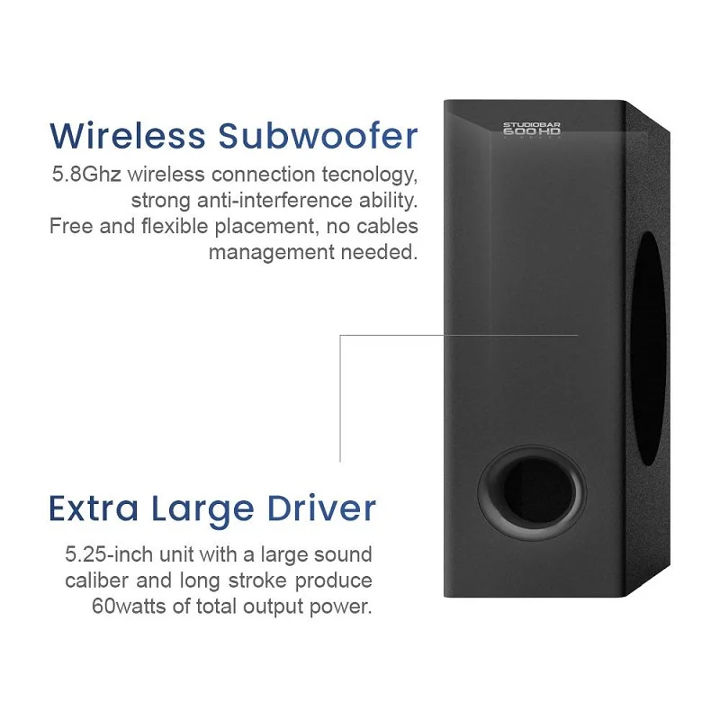 SonicGear StudioBar 600HD AirBass 2.1.2 Wireless Bluetooth Soundbar with 5.25