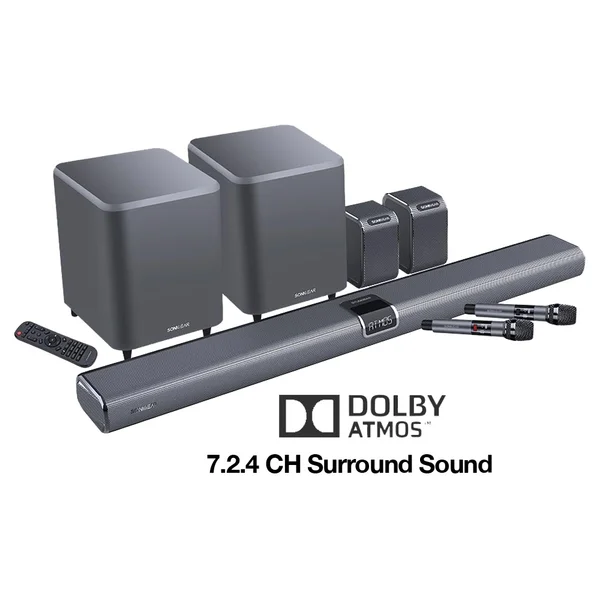 SonicGear StudioBar 9000 7.2.4 Dolby Atmos Wireless Bluetooth Soundbar w/ Dual 8" Wireless Subwoofers & Handheld Mics (w/ HDMI)
