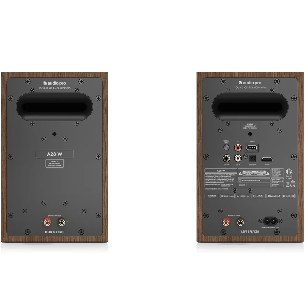 Audio Pro A28 W Multi-Room Wireless Bluetooth/WiFi Desktop Bookshelf Speakers (with HDMI) - Walnut