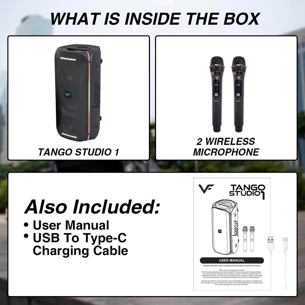 Vinnfier Tango Studio 1 Wireless Bluetooth Portable Speaker with FM Radio & Wireless Handheld Microphones