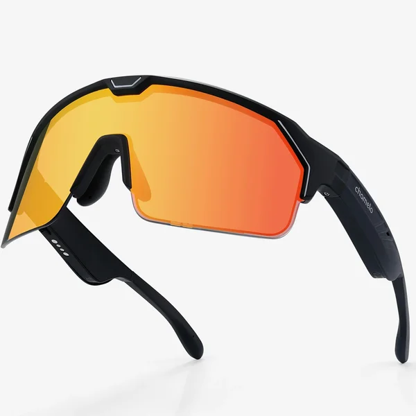 Chamelo Music Shield Smart Tint-Adjustable Sports Sunglasses with Built-In Open-Ear Audio & Mic - Matte Black/Fire