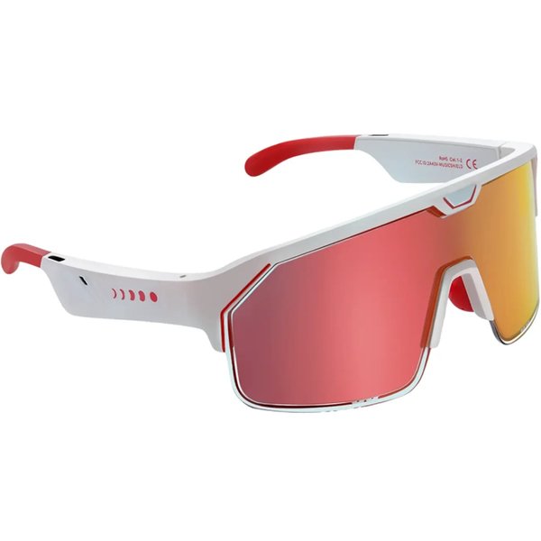Chamelo Music Shield Smart Tint-Adjustable Sports Sunglasses with Built-In Open-Ear Audio & Mic - White/Fire Chamelo Music Shield Smart Tint-Adjustable Sports Sunglasses with Built-In Open-Ear Audio & Mic - White/Fire