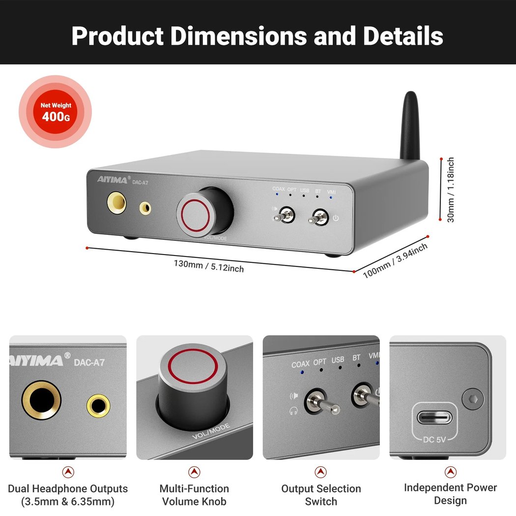 AIYIMA DAC-A7 Wireless Bluetooth Desktop Headphone Amplifier, USB DAC & Preamplifier