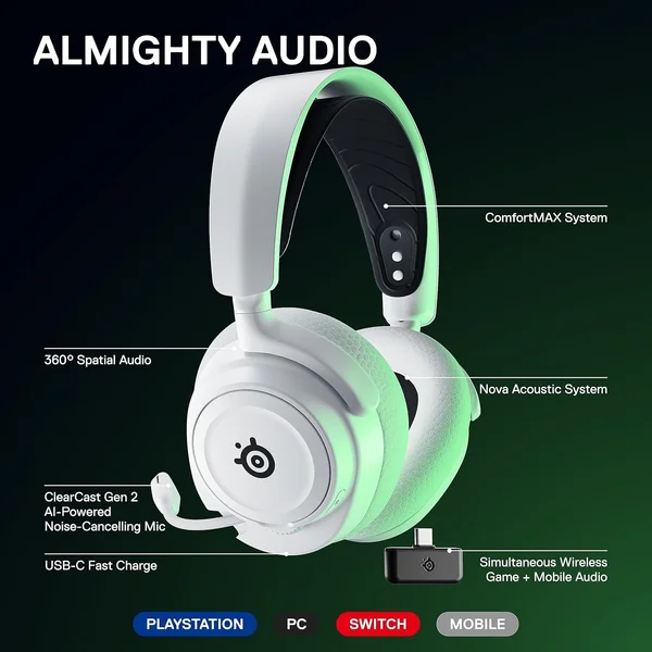 SteelSeries Arctis Nova 7X Wireless Gen 2 Wired/Wireless Bluetooth+2.4GHz Over-Ear Gaming Headset with Mic - White