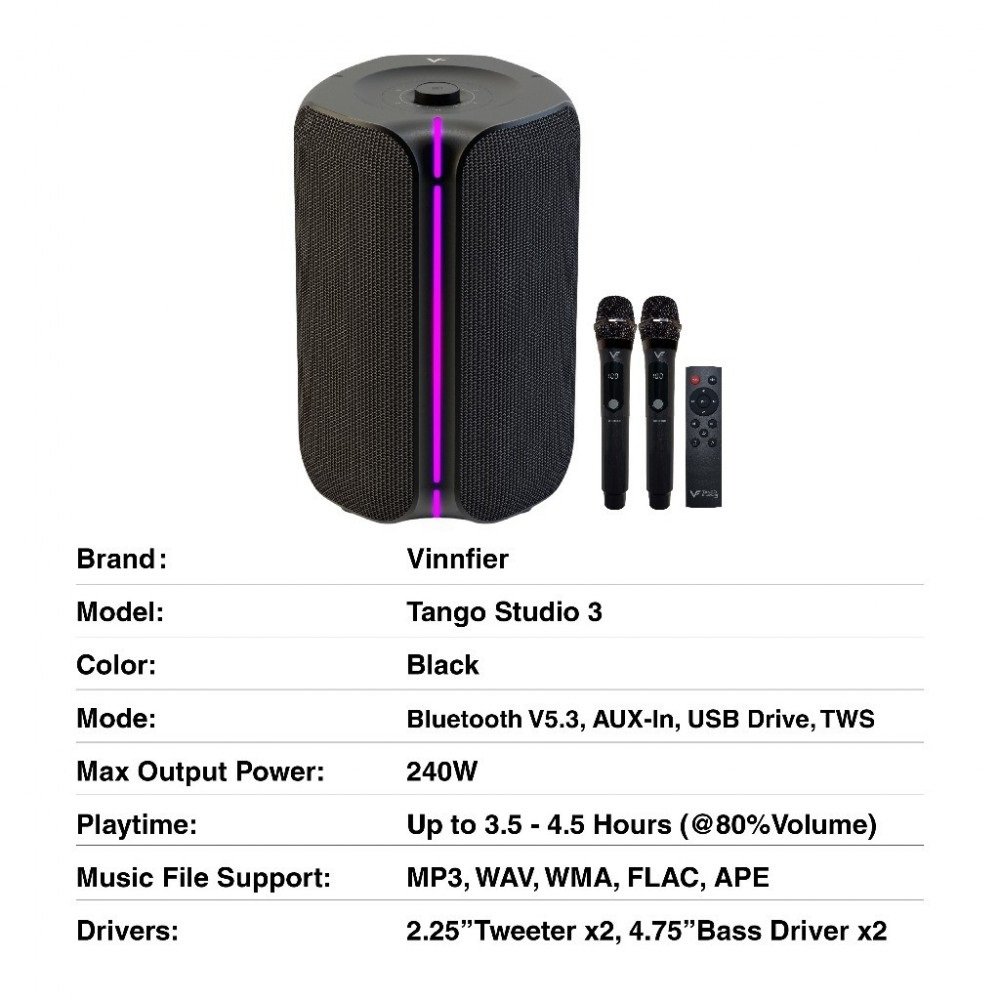 Vinnfier Tango Studio 3 Wireless Bluetooth Portable Speaker with FM Radio & Wireless Handheld Microphones