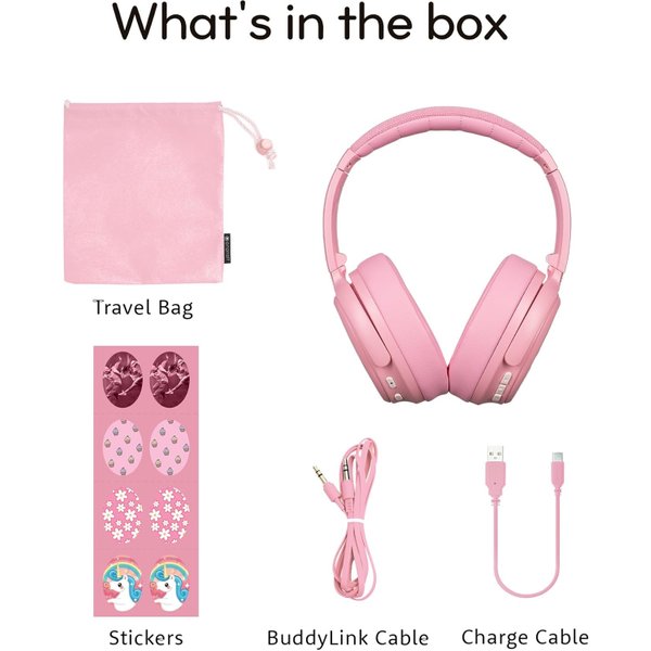 BuddyPhones Cosmos Fun Wired/Wireless Bluetooth Noise-Cancelling Over-Ear Headphone with Mic for Kids - Pink