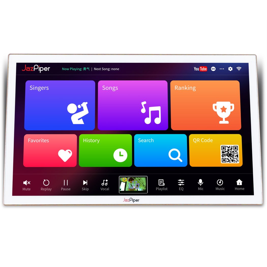 JazPiper K-ONE All-In-One 21.5” Touchscreen Network Streaming Karaoke System with 8” Speakers & Dual Handheld Microphones