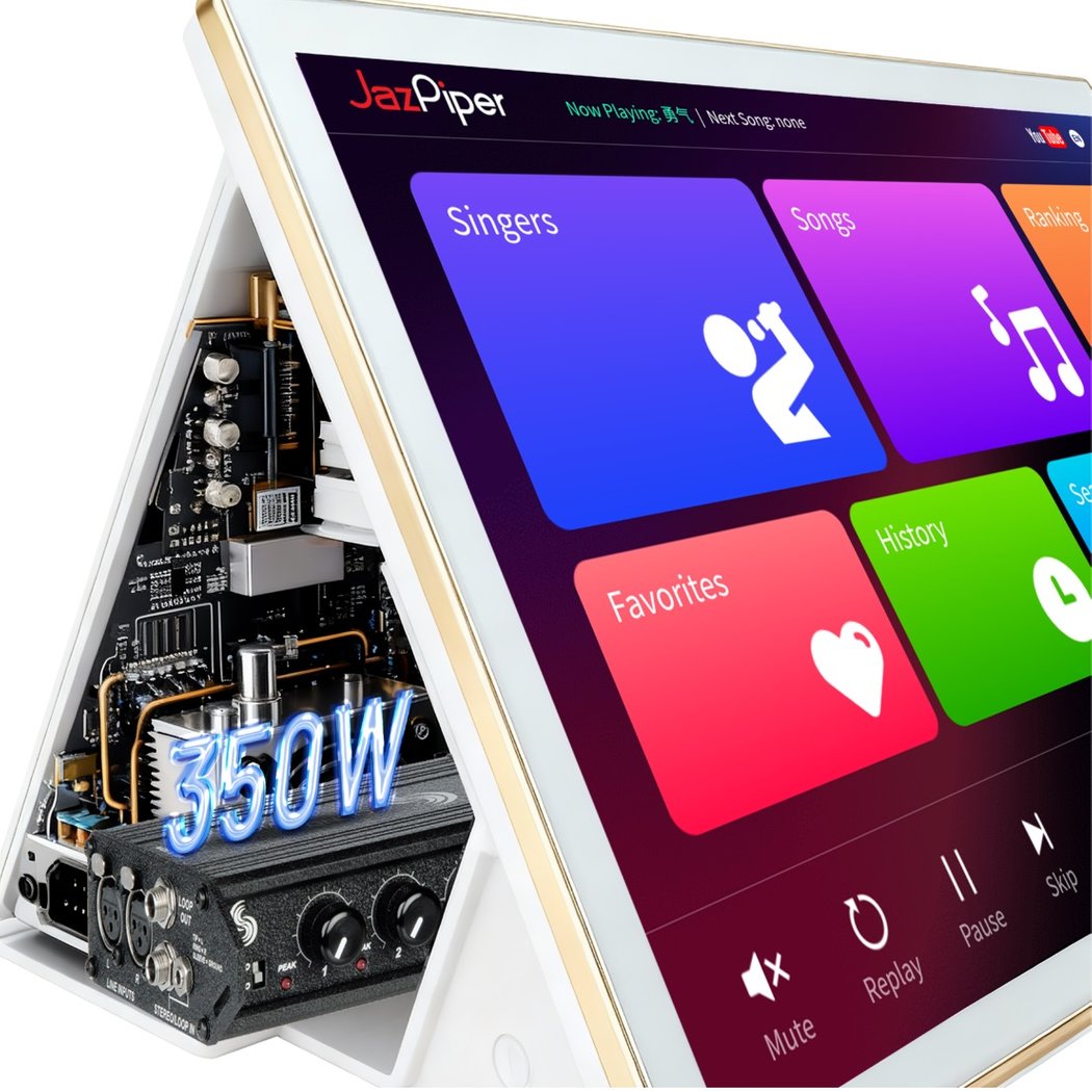 JazPiper K-ONE All-In-One 21.5” Touchscreen Network Streaming Karaoke System with 8” Speakers & Dual Handheld Microphones