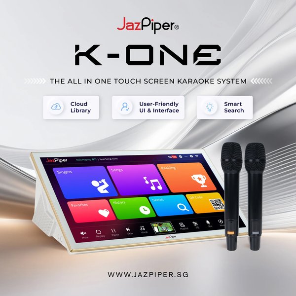 JazPiper K-ONE All-In-One 21.5” Touchscreen Network Streaming Karaoke System with 8” Speakers & Dual Handheld Microphones