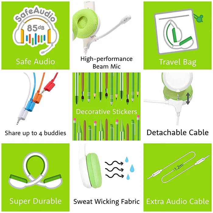 BuddyPhones School+ On-Ear Headset with Mic for Kids - Green