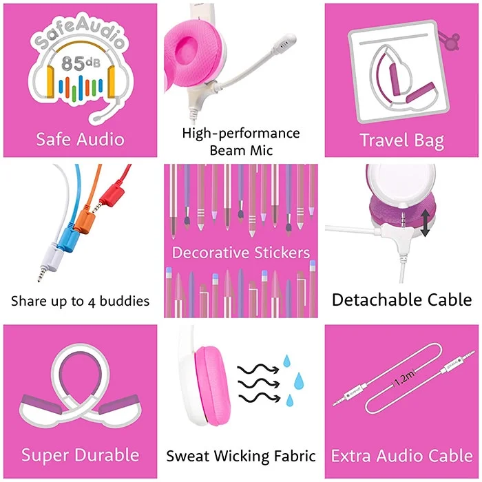 BuddyPhones School+ On-Ear Headset with Mic for Kids - Pink