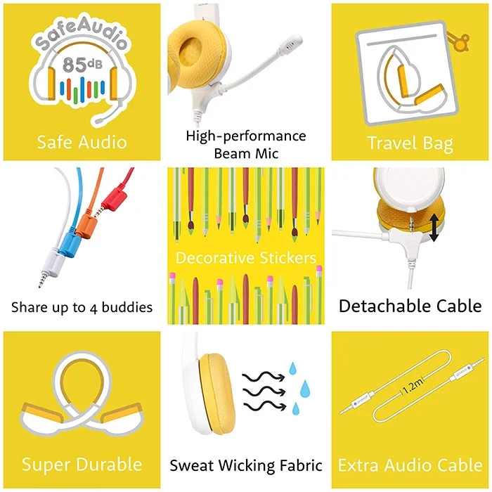 BuddyPhones School+ On-Ear Headset with Mic for Kids - Yellow