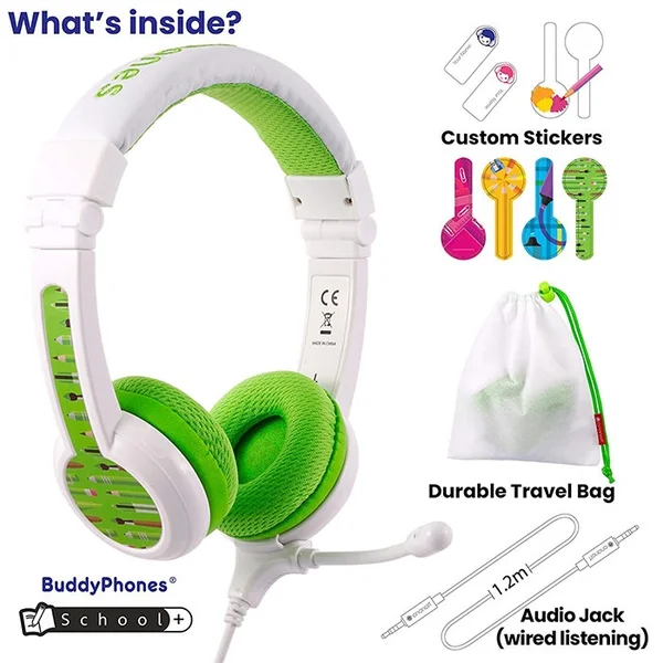 BuddyPhones School+ On-Ear Headset with Mic for Kids - Green