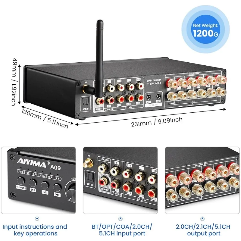 AIYIMA A09 Wireless Bluetooth Digital Desktop DAC & 5.1 Channel Surround Sound Hi-Fi Integrated Amplifier