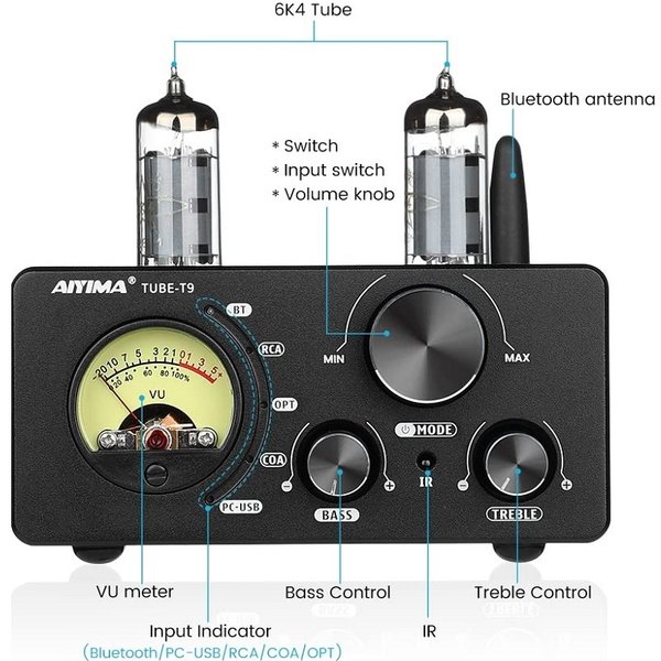AIYIMA T9 Wireless Bluetooth Receiver/Streamer, Coaxial / Optical / USB DAC & Tube Integrated Amplifier AIYIMA T9 Wireless Bluetooth Receiver/Streamer, Coaxial / Optical / USB DAC & Tube Integrated Amplifier