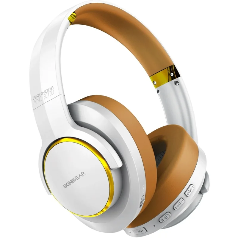 SonicGear Airphone ANC 3000 Wireless Bluetooth Active Noise-Cancelling Over-Ear Headphone with Mic - White/Gold