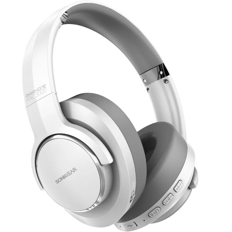 SonicGear Airphone ANC 3000 Wireless Bluetooth Active Noise-Cancelling Over-Ear Headphone with Mic - White/Light Grey