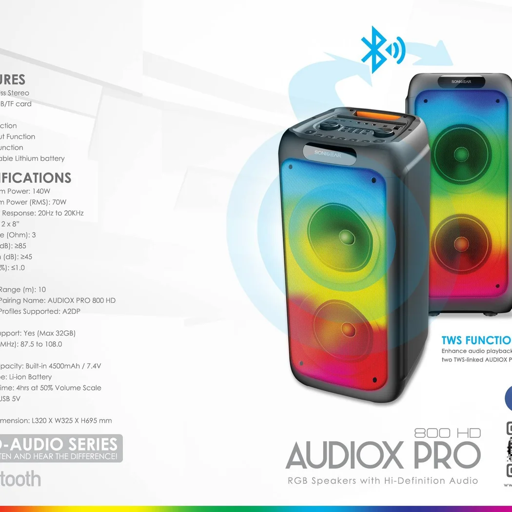 SonicGear AudioX Pro 800 HD Wireless Bluetooth Karaoke Portable Speaker with Wireless Handheld Microphones