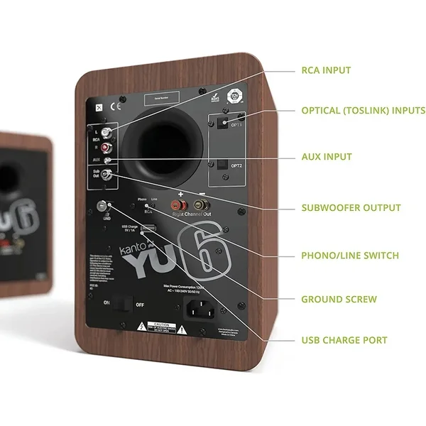 Kanto YU6 Wireless Bluetooth Desktop Bookshelf Speakers (with Phono Built-in) - Walnut