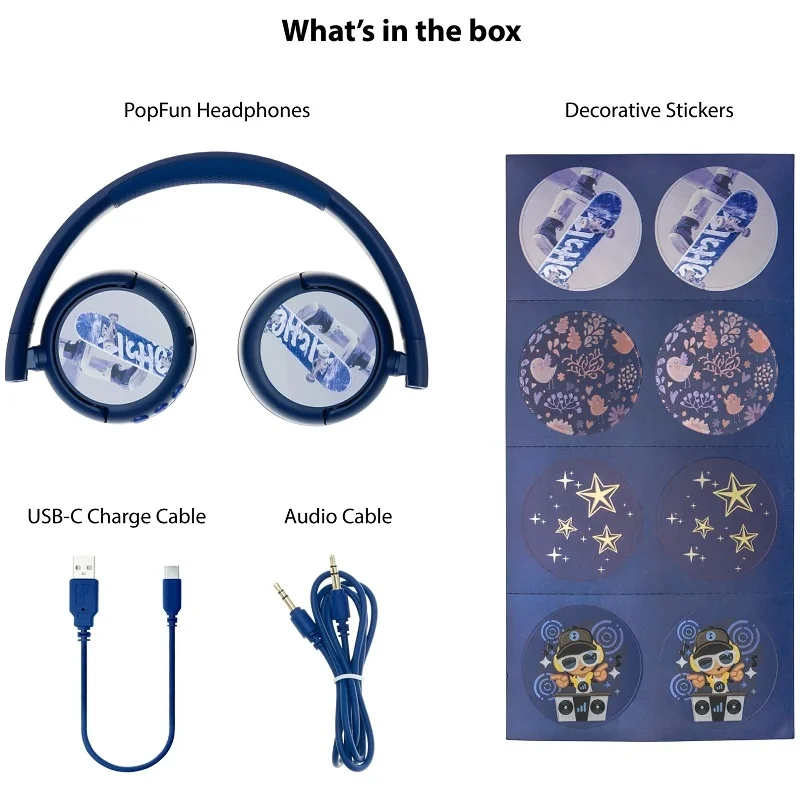 BuddyPhones POP Fun Wired/Wireless Bluetooth On-Ear Headphone with Mic for Kids - Deep Blue