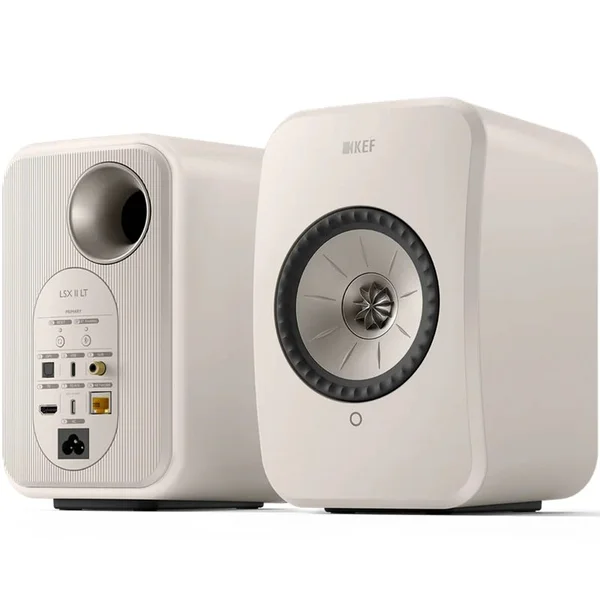KEF LSX II LT Multi-Room Wireless Bluetooth/WiFi Network Desktop Bookshelf Speakers (with HDMI) - Stone White